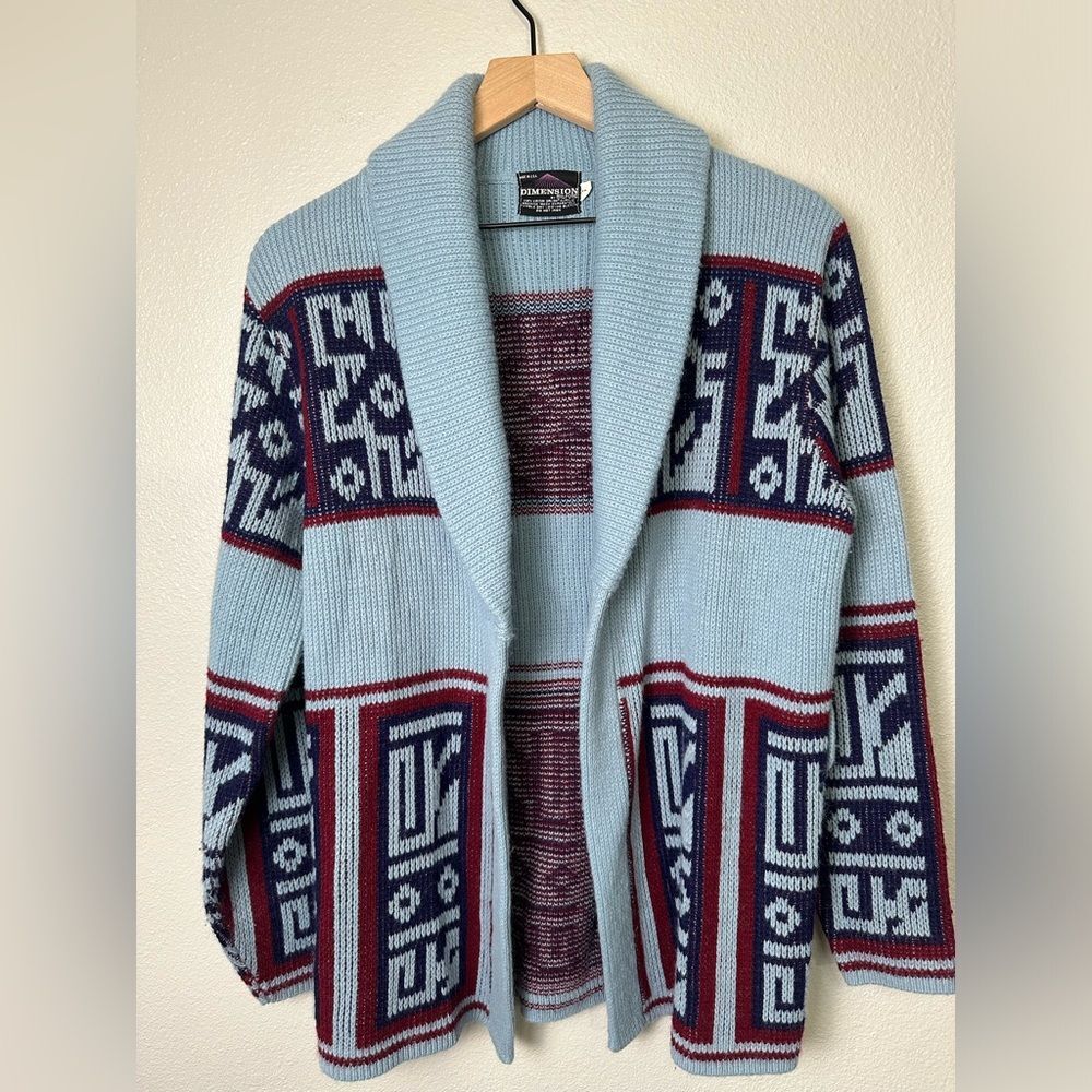 Shawl Collar Geometric Knit Cardigan - Light Blue / Burgundy
